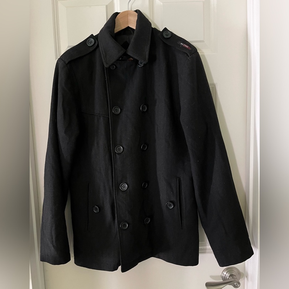Vintage Men’s BC Ethic black sailor double button pea coat jacket L wool